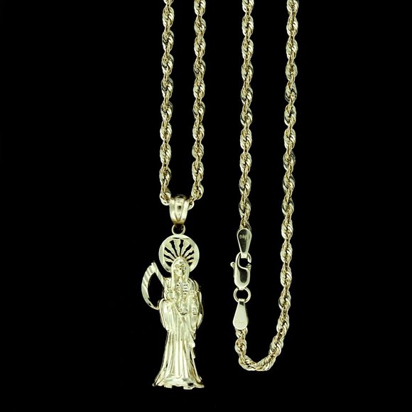 10K Real Gold Rope Chain and Santa Muerte Grim Reaper Pendant Set - Picture 1 of 10